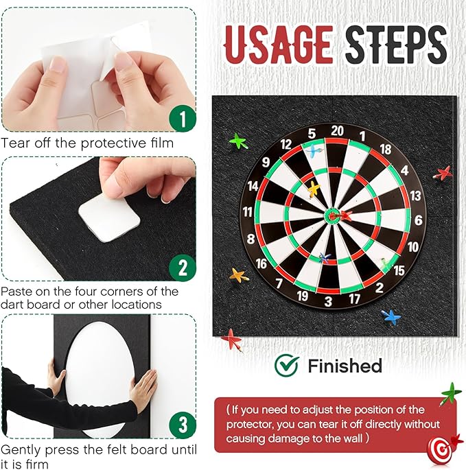 Extended Length Dart Board Surround Wall Protectors Fit 17.75'' and 18'' Dartboard Dart Backboard Felt Wall with Removable Adhesive Tabs