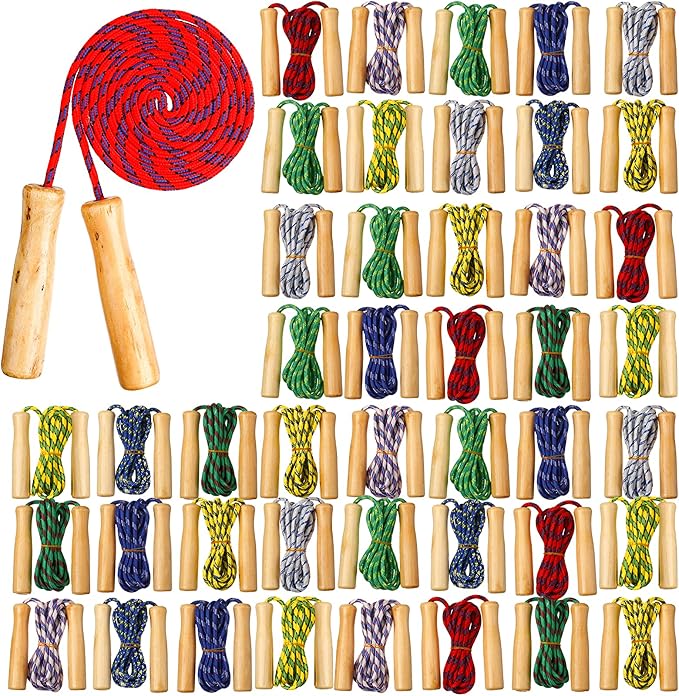 Lenwen Jump Rope Bulk for Kids 7.25 ft Cotton Skipping Rope Adjustable with Wooden Handle for Training Outdoor Exercise Christian Charity Donation Operation Christmas Supplies