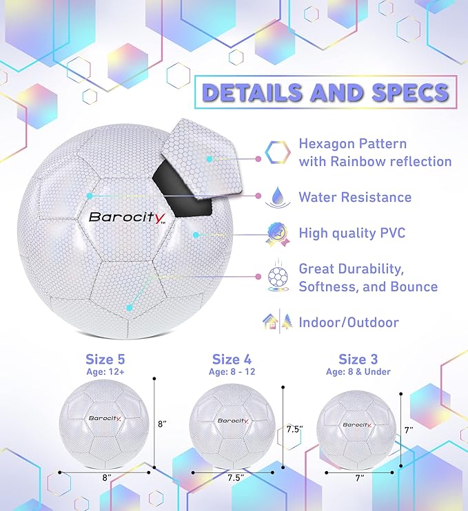 Soccer Ball - Premium Boy and Girl Official Match Ball with Cool Reflective Iridescent Rainbow Hex Pattern, Durable, Indoor, Outdoor, Training, Practice, Playtime and Games
