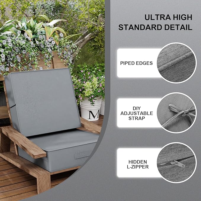 6 Inch Thick Foldable Deep Seat Cushion, 2 PCS 23 x 26 Inch Outdoor Water & Fade Resistant Olefin Patio Furniture Replacement Chair Cushion, with Removable Cover, Handle and Straps, Light Gray