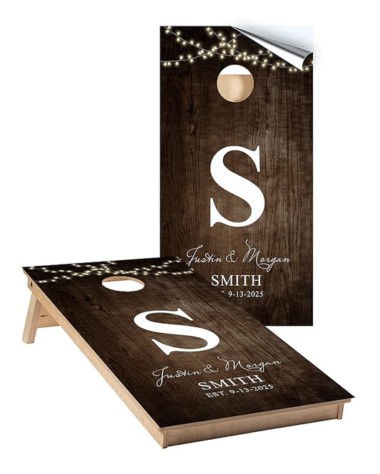 Wedding/Couples Cornhole Wraps #828 - Lights/Wood Couples Cornhole Wraps - Cornhole Graphic Decals - Includes Application Squeegee - Set of (2) 25" x 49" Wraps with Gloss Laminate