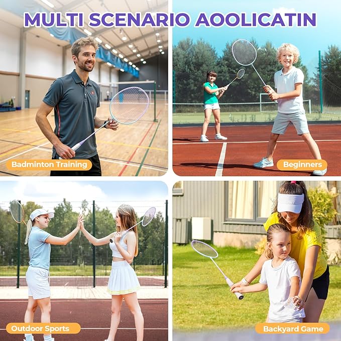 HIRALIY Badminton Rackets Set for Backyards, Lightweight Badminton Set of 2/4, Includ Rackets, Birdies, 1 Carrying Bag, Outdoor Games for Adults Family Kids Beginners