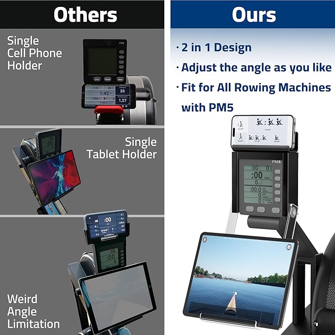 Phone & Tablet Holder Compatible with Concept 2 Rowing Machine & Skierg with PM5 Monitor, Rower Accessories, 2-in-1 Phone & Tablet Mount Stand for Model D&E and Rowerg, NOT for PM3/PM4, Patent Pending