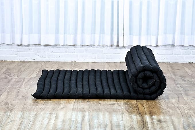 Leewadee - Kapok Roll Mat – Handcrafted Folding Sleep & Relaxation Mattress from Thailand, Ideal as Guest Bed, Camping Mat, Yoga Mat or Traditional Futon, 75 x 39 inches, Black