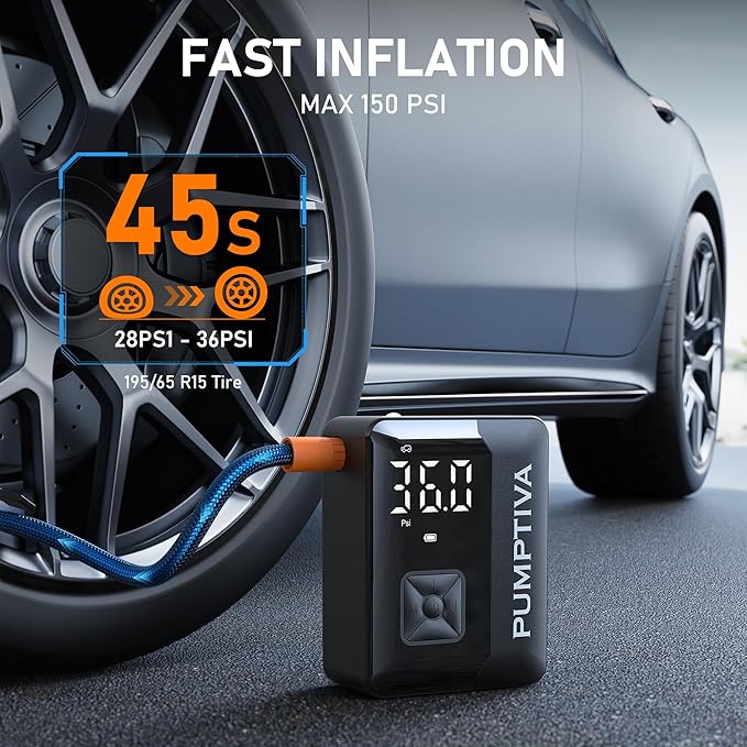 Tire Inflator Portable Air Compressor, 150 PSI Portable Electric Bike Pump Auto Shut-Off Cordless Car Tire Air Pump with Accurate LCD Display LED Light for Car, Motorcycle, Bicycle, Bike, Ball