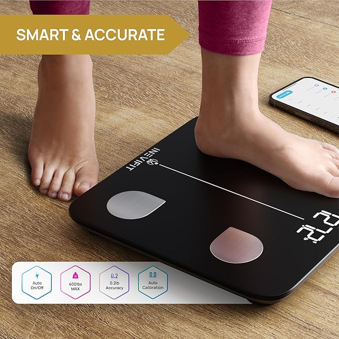 INEVIFIT Smart Body Fat Scale, BMI Highly Accurate Bluetooth Digital Bathroom Body Composition Analyzer. Measures Body Fat, Water, Muscle, Bone Mass & More for Unlimited Users