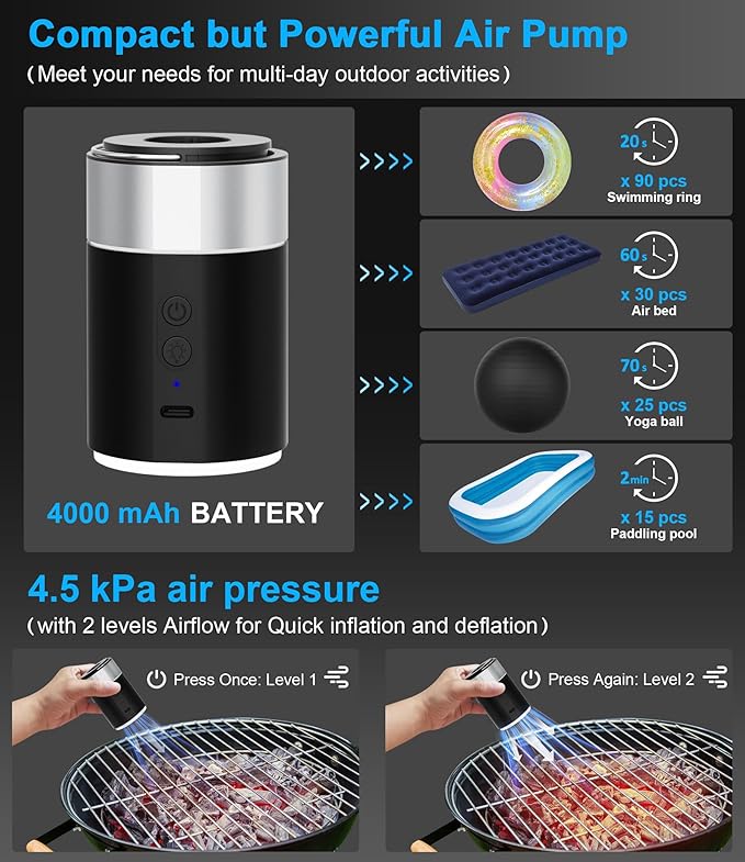 BEAUTYOVO Air Pump for Inflatables, Electric Air Pump with Rechargeable Battery, Tiny and Portable Air Mattress Pump with Camping Light, Quick Inflate Deflate Pump for Pool Floats