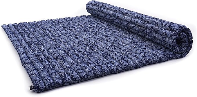 Leewadee - Foldable Floor Mattress - Japanese Roll Up Futon -Trifold Tatami Mat- Guest Floor Bed - Camping Mattress - Thai Massage Mat, Kapok Filled, 75 x 57 inches, Blue White