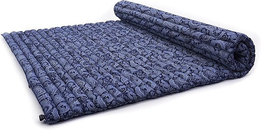 Leewadee - Foldable Floor Mattress - Japanese Roll Up Futon -Trifold Tatami Mat- Guest Floor Bed - Camping Mattress - Thai Massage Mat, Kapok Filled, 75 x 57 inches, Blue White