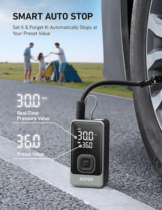 AstroAI L7 Air Tire Inflator Portable Air Compressor, 150PSI Electric Cordless Pump with Fast 1-min Inflation, Auto Shutoff, LED Light – Rechargeable for Car, SUV, Motorcycle, Bike Tires (Grey)