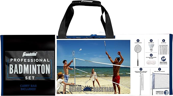 Franklin Sports Badminton Net Sets - Outdoor Backyard + Beach Badminton Net + Equipment Set - (4) Rackets + (2) Birdies + Portable Net Included - Adults + Kids Set