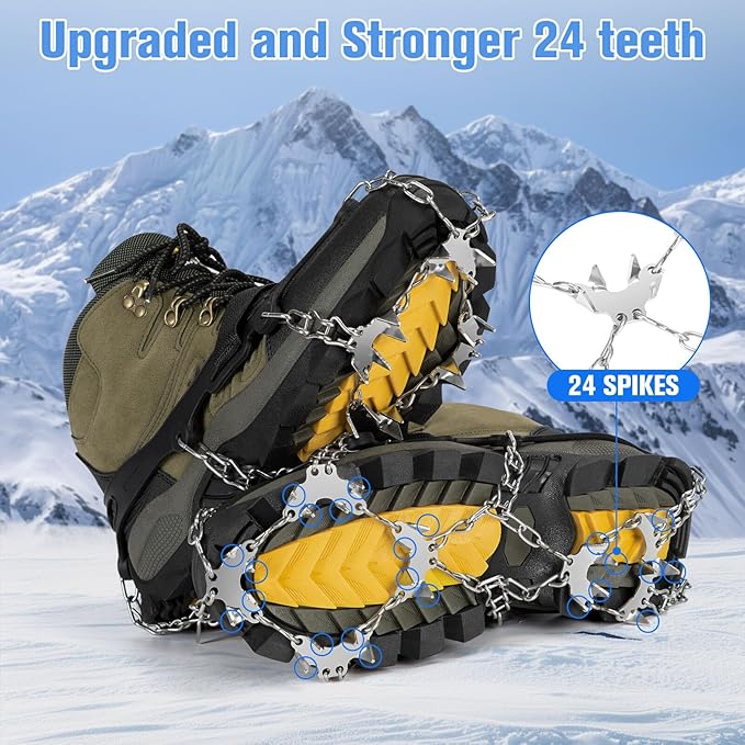 24 Spikes Crampons for Shoes, Anti Slip Ice Cleats for Shoes and Boots, Traction Ice Snow Grip with Stainless Steel Spikes and Silicone Men Women for Hiking, Walking, Climbing, Jogging,Fishing