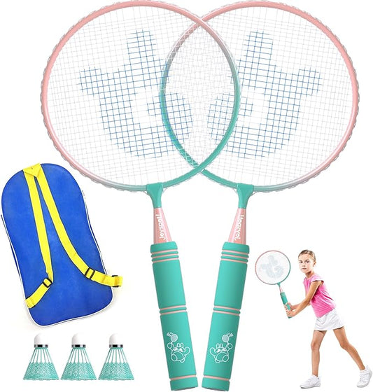 JOY SPOT! Kids Badminton Rackets Set with Soft Grip, Oversize & Lightweight Shuttlecocks Racquet with Carry Bag for Children Youth, 2 Player Sport Game for Indoor Outdoor Backyard
