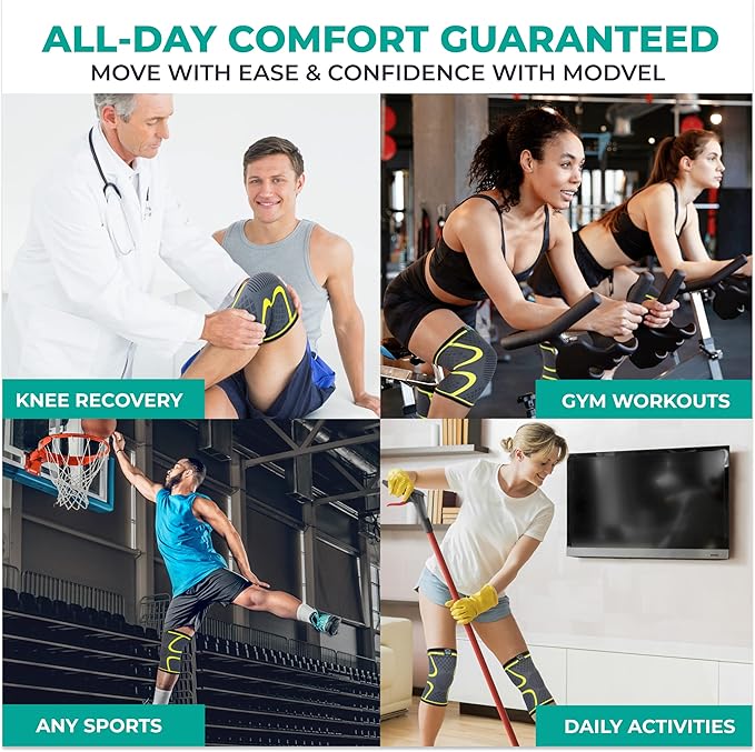Modvel 2 Pack Knee Brace for Women & Men - Workout Knees Compression Sleeve for Knee Pain Relief Joint Support for ACL, Arthritis, Meniscus Tear Knees Brace for Sports, Rodilleras para Gym Fitness