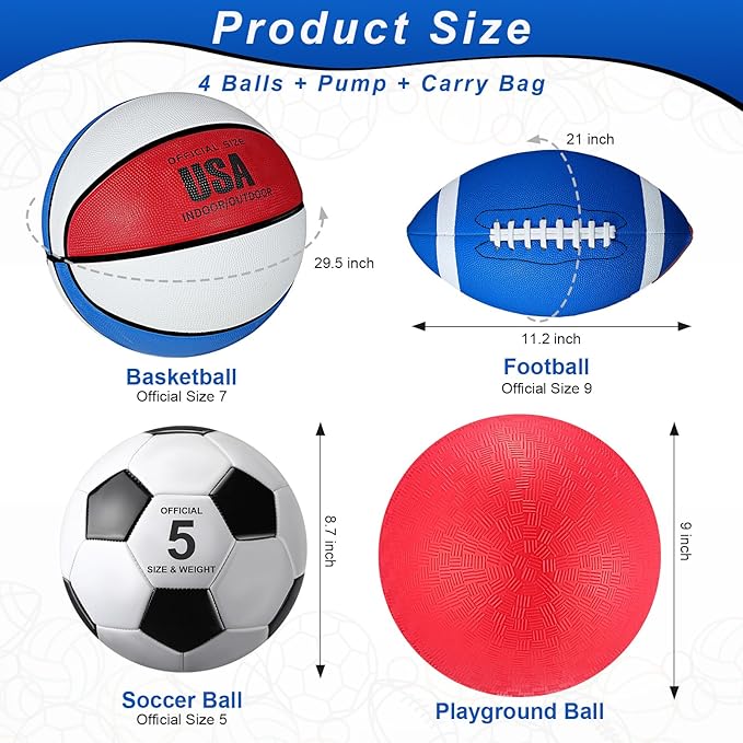 Lenwen 4 Pcs Sports Balls Set, Include Official Size Basketball Soccer Football Playground Ball Pump Equipment Bag Recess Equipment Sport for Teen Adult Gift Back to School