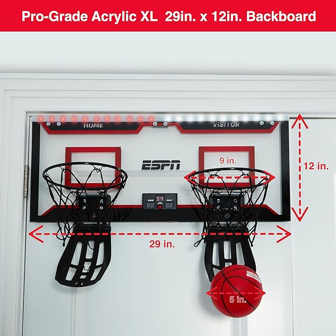 ESPN Mini Basketball Hoop, Over The Door Basketball Hoop with 2 Foldable Breakaway Rims and Ball Return for Two Player Games, Includes 4 Mini Basketballs and Pump