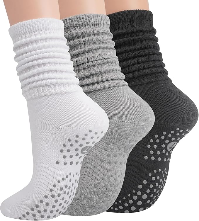 Grip Pilates Socks for Women, Yoga Slouch Socks with Grip for Barre Workout Hospital Long Scrunch Slipper Socks