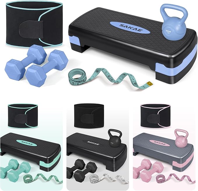 SAKAE Adjustable Aerobic Stepper Kit with Dumbbells & Kettlebell & Weightlifting Belt & Measuring Tape, 2 Level Risers Exercise Step Platform for Home Gym Exercise Fitness Workout, Multiple Colors