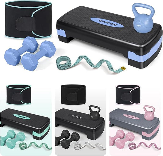 SAKAE Adjustable Aerobic Stepper Kit with Dumbbells & Kettlebell & Weightlifting Belt & Measuring Tape, 2 Level Risers Exercise Step Platform for Home Gym Exercise Fitness Workout, Multiple Colors