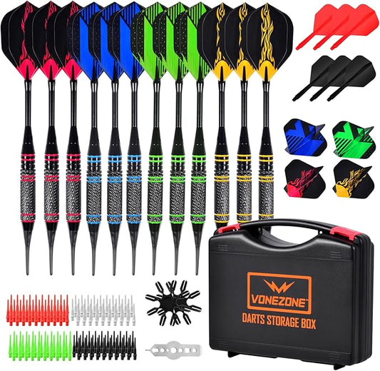 Darts Plastic Soft Tip, Professional Dart Set, 12Pcs 18Gram with 120 Extra Tips, 6 One-Piece Dart Wings, Flight Protector, Tool Wrench, Storage Case, Darts Set for Electronic Dartboard