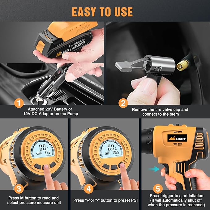 Nilight Cordless Tire Inflator Air Compressor Dual Power Supply 20V Rechargeable Battery Powered 150PSI Handheld Air Portable Pump with 12V Adapter Digital Pressure Gauge for Cars Motorcycles