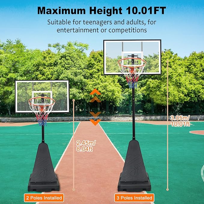 Basketball Hoop Outdoor 8.04-10FT Height Adjustable, Portable Basketball Goal with 44 Inch Shatterproof Backboard, Heavy-Duty Base & Wheels for Youth,Teens,Adults in Backyard,Driveway,Indoor