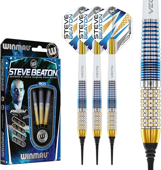 WINMAU Darts - Professional Player - Steve Beaton Legacy Edition 90% Tungsten Darts Set with Dart Flights and Dart Shafts (Stems) – Available in Soft and Steel Tip - Available weights 18g, 22g and 24g
