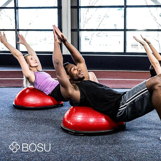 Bosu Balance Ball Exercise Trainer, Home Gym Equipment w/ Guided Workouts & Pump, 26", Blue - Inflatable Fitness Platform for Strength Training, Standing, Balancing, and Core Workout