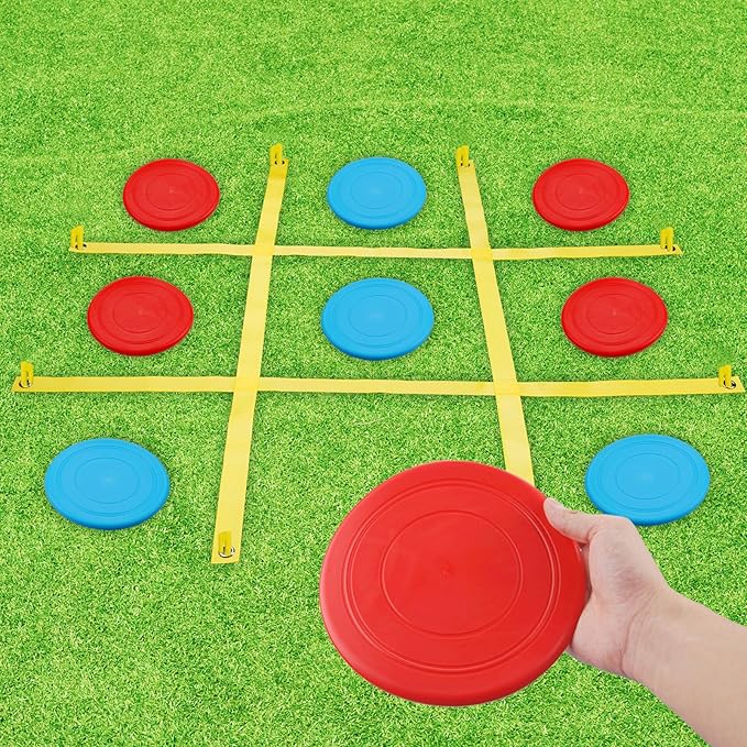 Giant Tic Tac Toe Outdoor Game, 4 Ft X 4 Ft Large Tic Tac Toe Strap Game Outdoor with 10PCS Soft Flying Disc for Kids and Adults to Play Outdoors, Beach, and Park