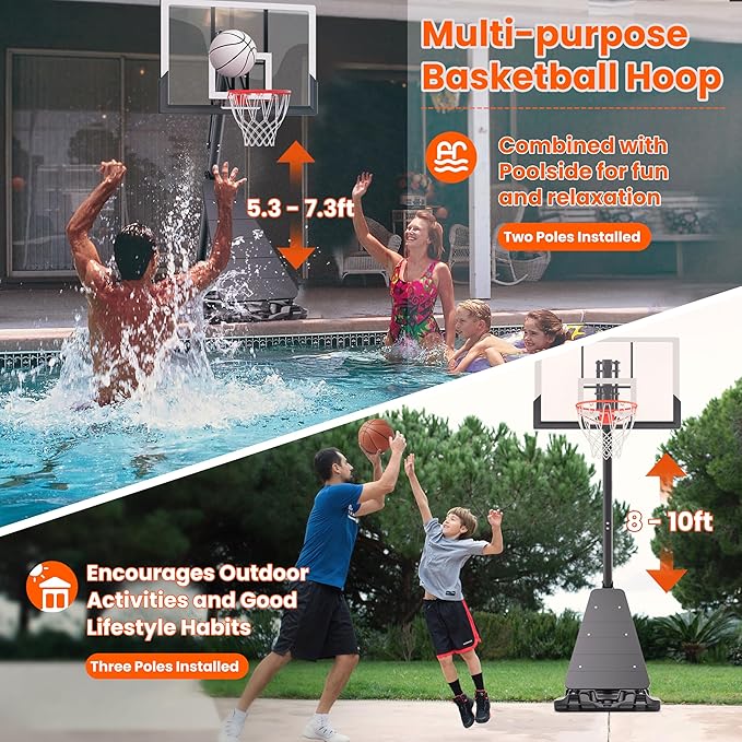 Basketball Hoop Outdoor System with 10ft Height Adjustable, 45/48in Steel Frame Backboard Basketball Goal Court System, Portable Hoop for Youth and Adults in Driveway Backyard Pool Play