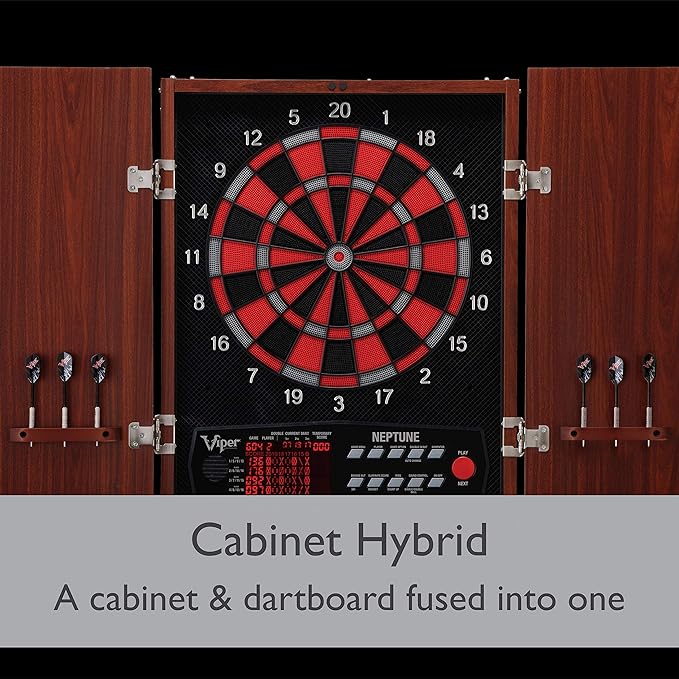 Viper by GLD Products Neptune Electronic Dartboard Cabinet Combo Pro Size Over 55 Games Large Auto-Scoring LCD Cricket Display Extended Dart Catch Area 16 Player Multiplayer with Soft Tip Darts and Power Adapter , 21.5" L x 26.5" W x 3.5" H