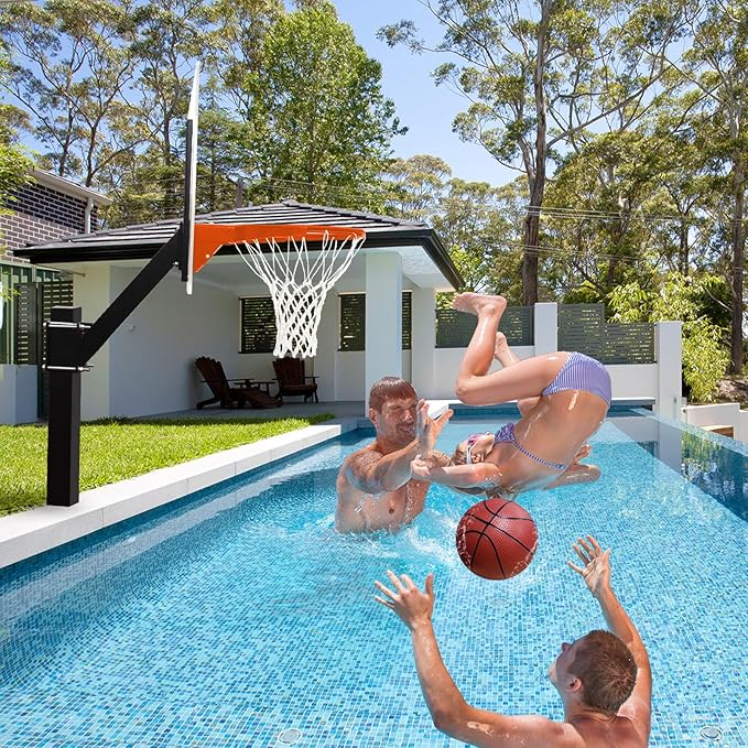 PROGOAL Aluminum Shot and Dunk Poolside Basketball Hoop - In Ground Removable Rust-Resistant Adjustable Height Pool Basketball Game System with Clear Backboard 1/2 Springs Rim and Three Balls