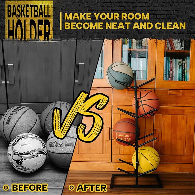 GENMOUS 8-Ball Basketball Holder - 34.5" Tall Double Side Metal Rack Display Stand for Basketball, Football, Volleyball Storage - Sports Decor for Home, Garage, Indoor, Outdoor Ball Storage