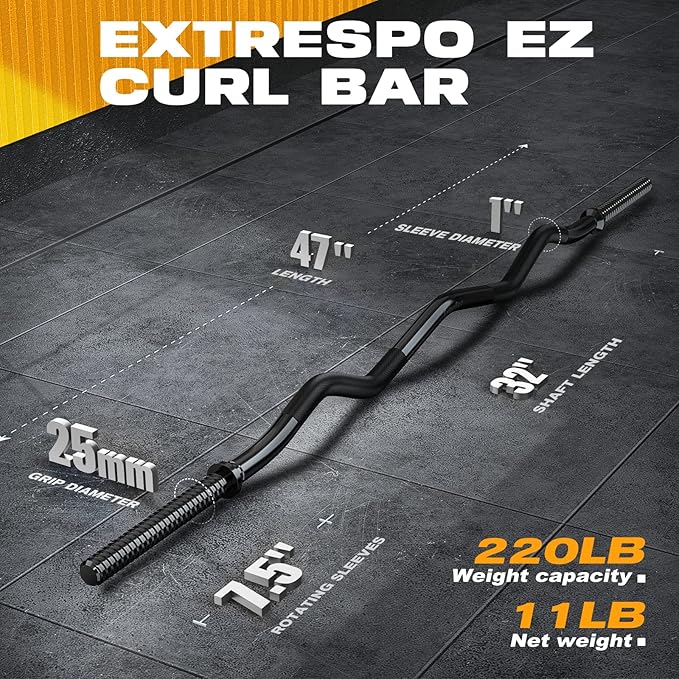 47" EZ Curl Bar Weight Lifting Bar, for Hip Thrusts/Squats/Lunges, 1" Weight Plates Curling Bar for Gym and Home, with Star Collars