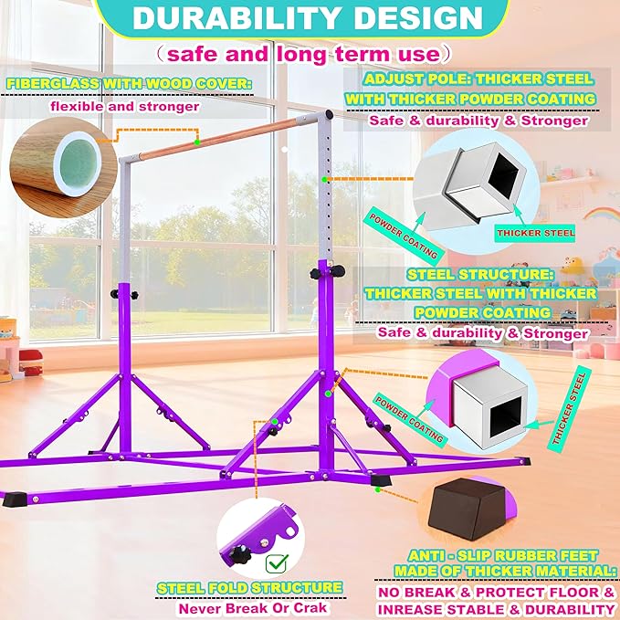 MARFULA Gymnastic Bar for Kid and Teenage Ages 3-25, 5 FT / 8 FT Base Length, 4 FT Width 5 FT Height, Gymnastic Kip Bar Horizontal Bar for Gymnast, Gymnastic Training Equipment for Home and Club Use
