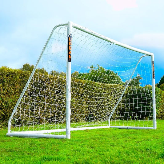 Flick Ultimate All Weather uPVC Soccer Goal with UV treated 70mm thick posts, integrated locking system, and strengthened corners 12x6