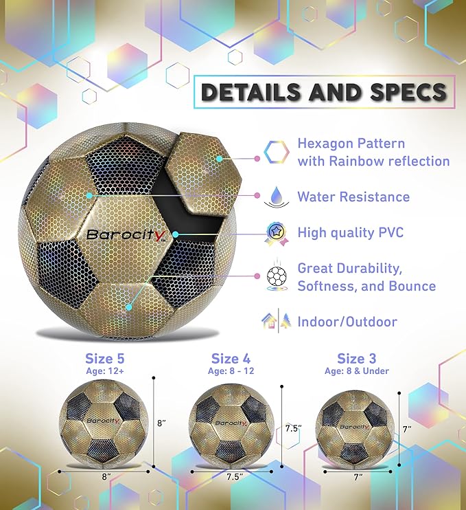 Soccer Ball - Premium Boy and Girl Official Match Ball with Cool Reflective Iridescent Rainbow Hex Pattern, Durable, Indoor, Outdoor, Training, Practice, Playtime and Games