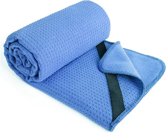 POLYTE Microfiber Hot Yoga Towel Mat with Non-Slip Silicone Grip and Secure Fit Elastic Straps, 24 x 72 in (Blue)
