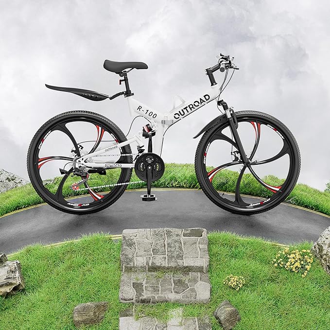 Outroad Folding Mountain Bike Foldable/Unfoldable Bike 26 Inch for Adult, 21-Speed Dual Suspension High-Carbon Steel MTB Foldable Bicycle, Dual Disc Brake Folding Bikes for Women and Men