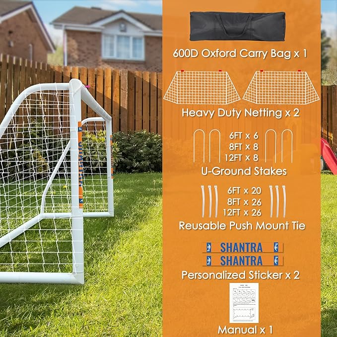 SHANTRA Soccer Goal, 12x6/10x6.5/8x5/6x4FT Soccer Goals for Backyard, Full Size Soccer Nets for Kids & Adults, Portable Soccer Goal with 2 Soccer Nets & 1 Carry Bag, Porterias De Futbol Soccer