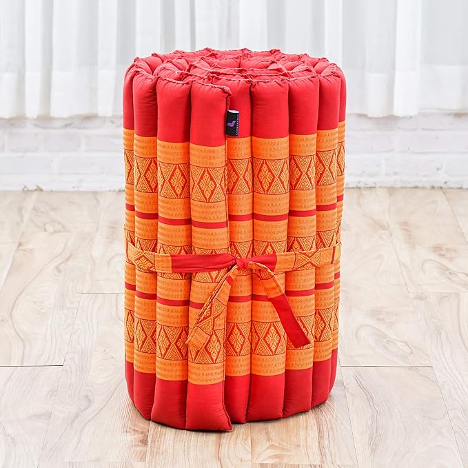 Leewadee - Foldable Floor Mattress - Japanese Roll Up Futon -Trifold Tatami Mat- Guest Floor Bed - Camping Mattress - Thai Massage Mat, Kapok Filled, 75 x 20 inches, Orange Red