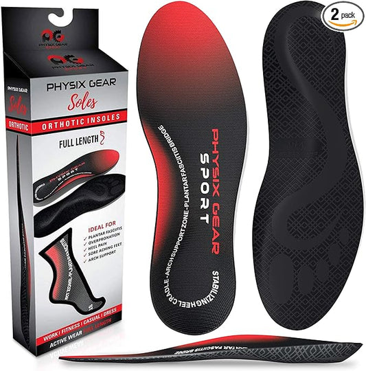 Physix Gear Orthotic Insoles for Men & Women - Arch Support Orthotics Insole, Orthopedic Insoles, Inserts for Men & Women, Foot Insoles for Plantar Fasciitis Comfort, Shoe Insert, Feet, Red/Black, S