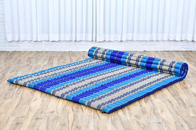Leewadee - Foldable Floor Mattress - Japanese Roll Up Futon -Trifold Tatami Mat- Guest Floor Bed - Camping Mattress - Thai Massage Mat, Kapok Filled, 75 x 57 inches, Blue