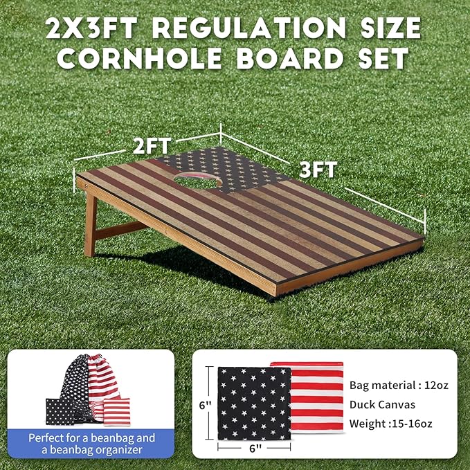 Cornhole Set, Corn Holes Outdoor Game, Regulation Cornhole Boards, Portable Cornhole Set, Classic American Flag Cornhole Set Includes 2 Boards, 8 Cornhole Beans Bags & Carry Case