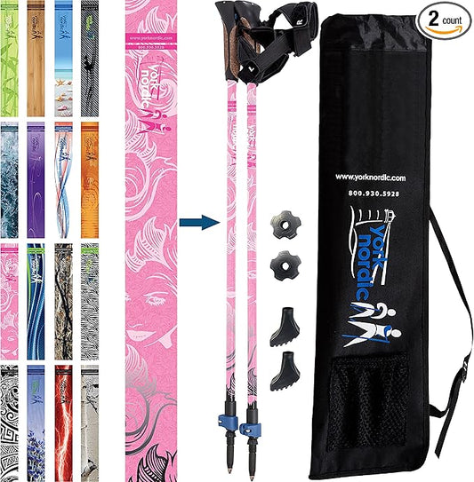 Official Nordic Walking Poles - True Classic Nordic Glove Grips, Lightweight, Adjustable, and Collapsible -2 Pieces w/flip Locks, Detachable Feet and Travel Bag by York Nordic - Heights 5'4"-6'2"