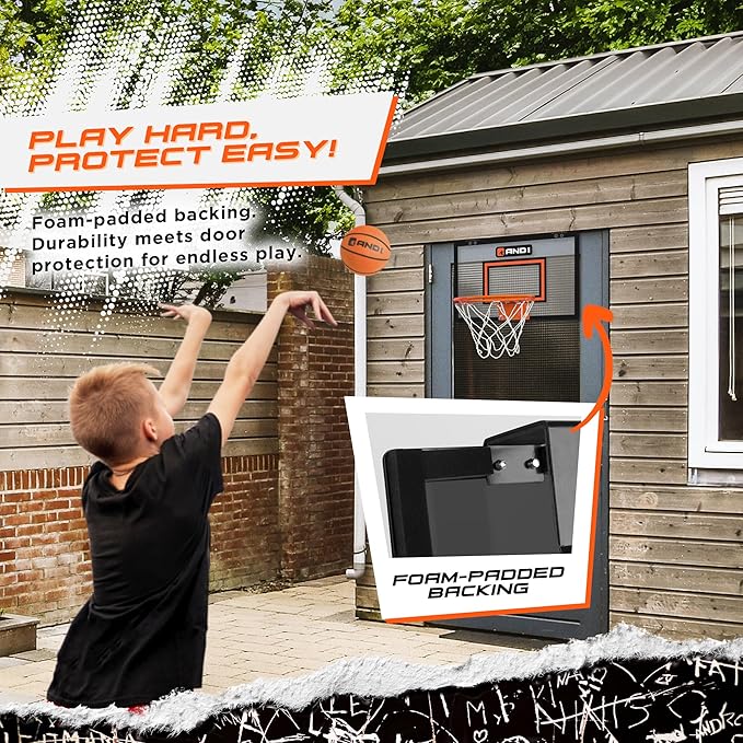 AND1 Over the Door Mini Basketball Hoop: 18x12 Shatterproof Backboard, 2 Mini Basketballs, and Hand Pump Included- Ultimate Indoor Basketball Accessory for Kids and Adults, No Tools Required
