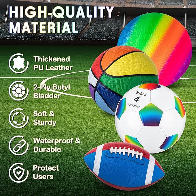 Deekin 4 Pcs Sport Balls Set for Kids Teens, Include Official Size 5 Basketball 4 Soccer 6 Football Playground Ball and Pump Sports Equipment Bag Recess Equipment Sport for Students(Rainbow Color)
