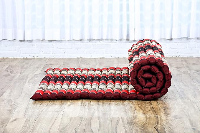 Leewadee - Kapok Roll Mat – Handcrafted Folding Sleep & Relaxation Mattress from Thailand, Ideal as Guest Bed, Camping Mat, Yoga Mat or Traditional Futon, 75 x 39 inches, Red