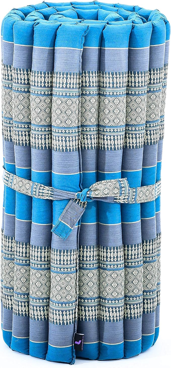 Leewadee - Foldable Floor Mattress - Japanese Roll Up Futon -Trifold Tatami Mat- Guest Floor Bed - Camping Mattress - Thai Massage Mat, Kapok Filled, 75 x 28 inches, Light Blue