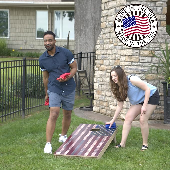 Slick Woody's Professional-Grade Cornhole Boards - 4'x2' Solid Wood Regulation Woodgrain Flag Bean Bag Toss Game with 8 Resin Filled Bags